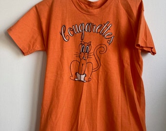 S M 70s Orange Cotton T-Shirt &quot;Cougarettes&quot; with Cougar in Cowgirl Boots Tee Single Stitch 60s 1960s 1970s