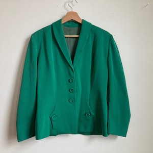 S M 40s Emerald Green Rayon Gabardine Suit Coat Tailored Jacket Pockets Shawl Collar Sport Coat Separates Twill 40s 50s 1950s