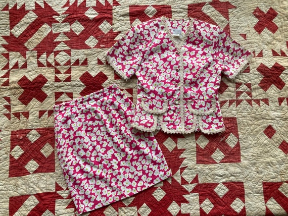 1980s Floral Cotton Skirt Suit Matching Set Power… - image 1