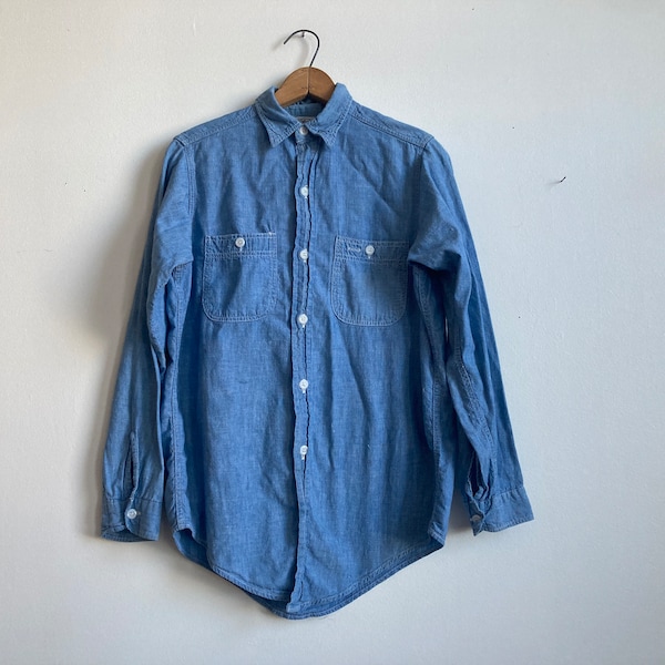 S 60s Cotton Chambray Button Down Shirt Long Sleeve Chambray Shirt Button Up Sanforized Blue 1950s 1960s 50s Work Shirt Workwear Collared