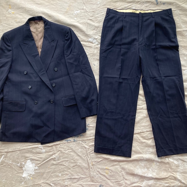 Size 42 Waist 36" 1960s Double-Breasted Suit Pinstripe Wool 2-Piece Sport Coat and Trousers Pants Justers 60s 1940s Style 1970s 70s 40s