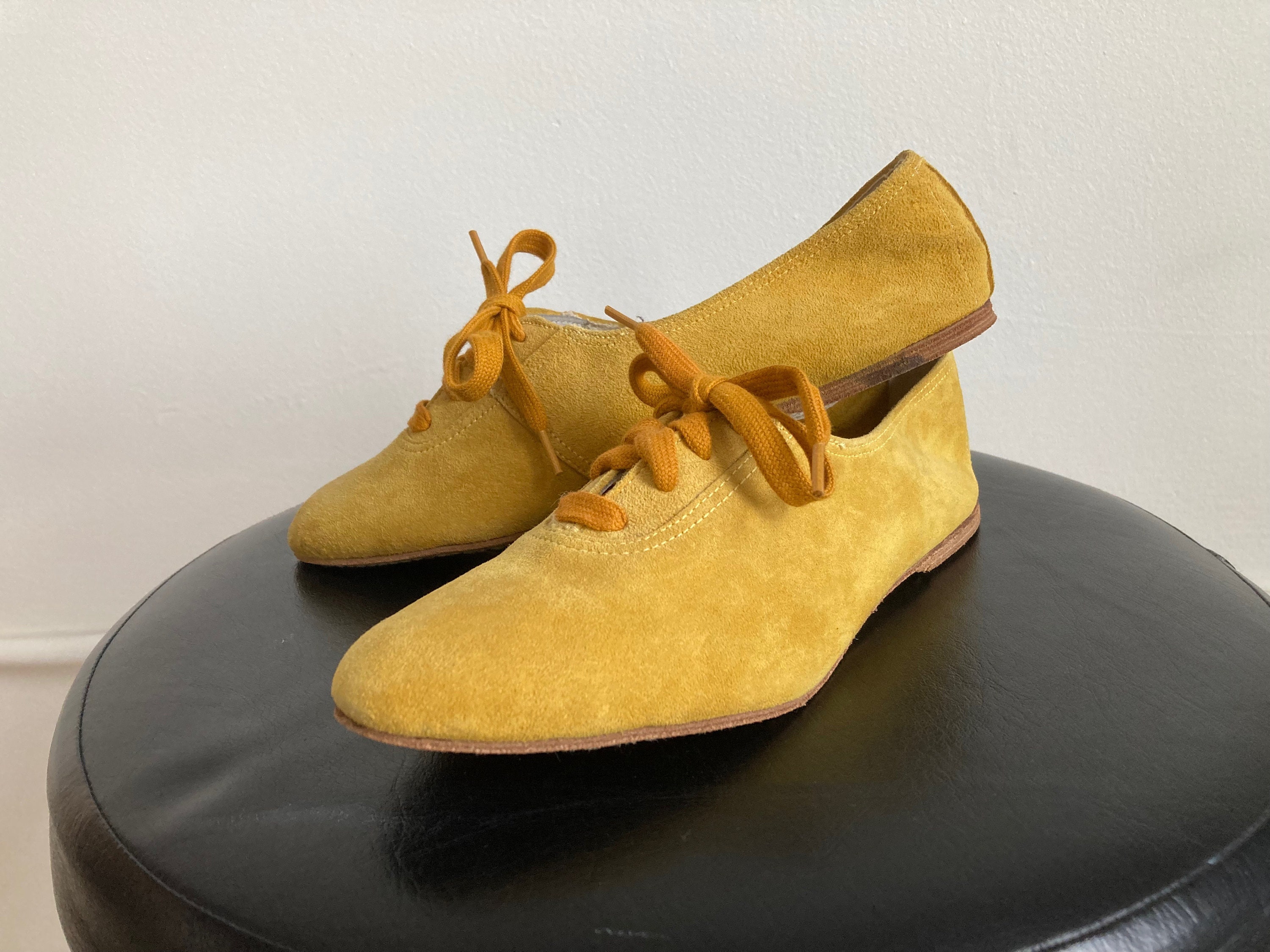 Amazing Size 6 1 2 60s Yellow Suede Tie Shoes by Robinette Flats