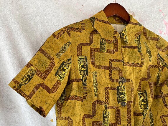 XS 50s Cotton Tiki Pattern Blouse Hawaiian Collar… - image 5