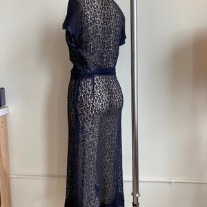 M 30s 40s Navy Lace Dress Glass Buttons Lavender Bow Belt, Collared Midi Length Side Snaps Closure Sheer See Through 1930s 1940s image 9