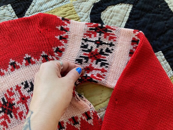 40s McGregor Red Wool Snowflake Pattern Sweater K… - image 9