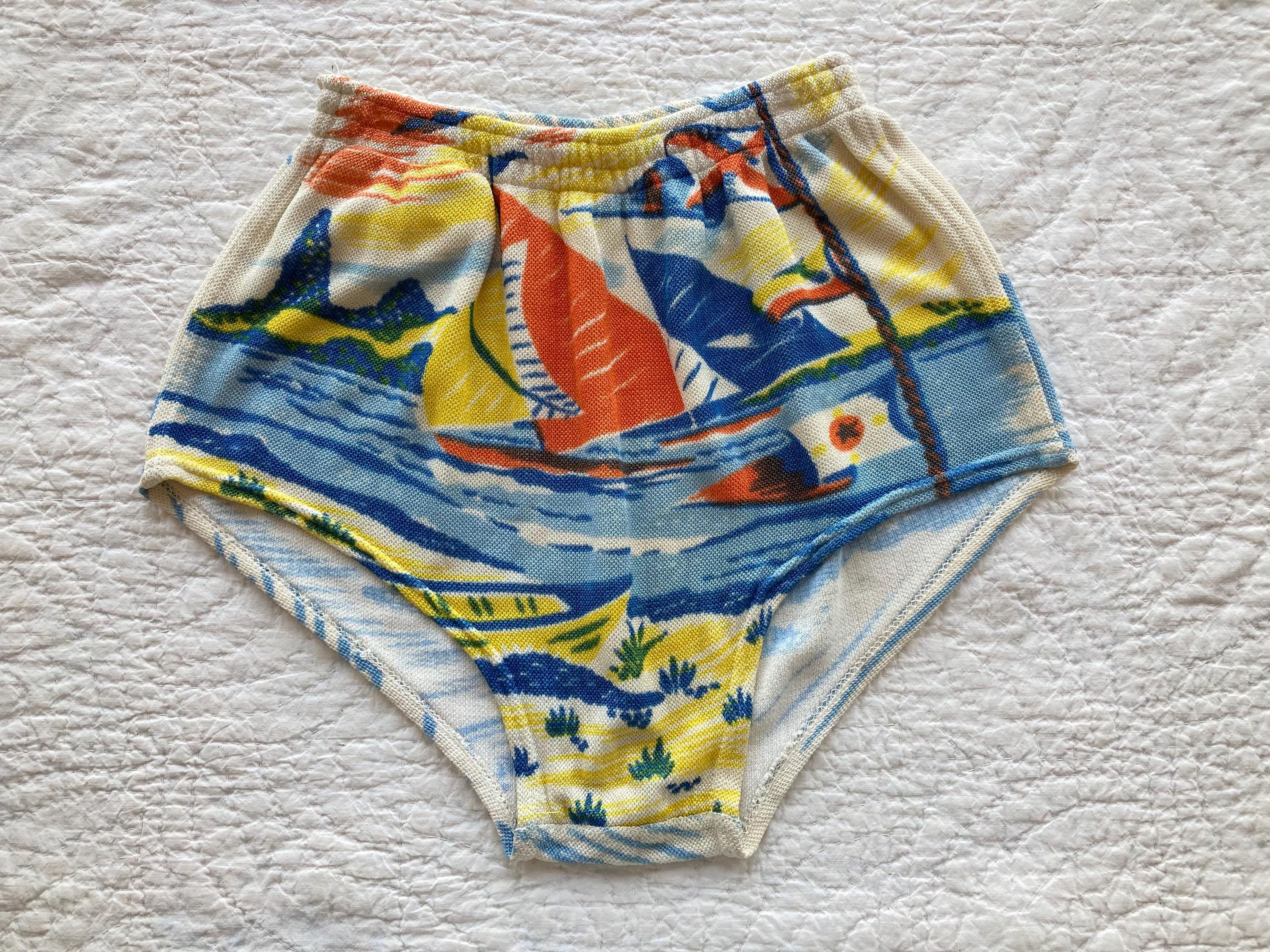 1950s Novelty Print Rayon Knit Swim Trunks Sailboat Ocean