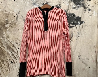 S M 1950s Cotton Knit Striped Pullover Shirt Henley T-Shirt 3-Tone Color Block Long Sleeve Red Black White 1960s 50s 60s