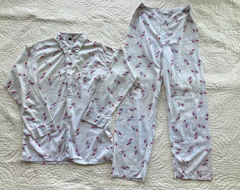 L XL 50s Atomic Print Pajamas Novelty Pattern Cotton Pants and Button Down Set 1950s 60s Mid Century 1960s