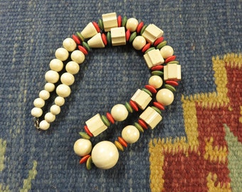 70s Bohemian Beaded Necklace, Long, Chunky Wooden Beads, Warm Colors 1970s 60s 1960s