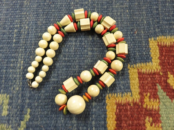 70s Bohemian Beaded Necklace, Long, Chunky Wooden… - image 1