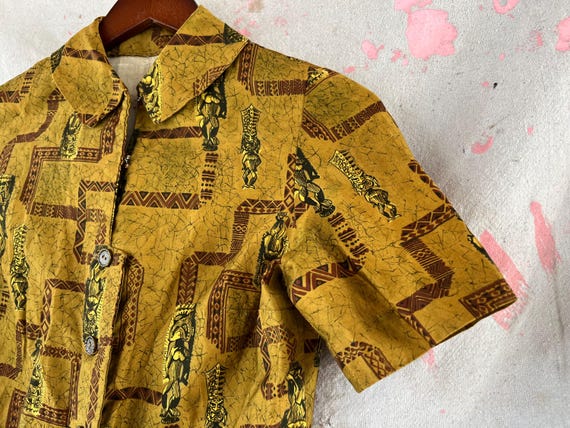 XS 50s Cotton Tiki Pattern Blouse Hawaiian Collar… - image 2