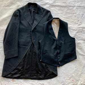 Size 38 1910s Morning Coat and Vest Black Wool Suit Cutaway Jacket Buckle-Back Vest Antique Teens Early Suiting Small