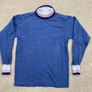 S/M 50s Cotton Campus Pullover Turtleneck Shirt Long Sleeve Striped Knit Cuffs Navy Blue Red White Made in USA Tee T Shirt 1950s 60s 1960s