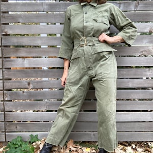 60s Cotton Sateen HBT Coveralls OG-107 Herringbone Twill Green Belted Overalls USAF Mechanic Paint Splattered Jumpsuit 1960s 50s 1950s