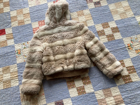 S 70s Fuzzy Hooded Bomber Jacket Cropped Striped … - image 3