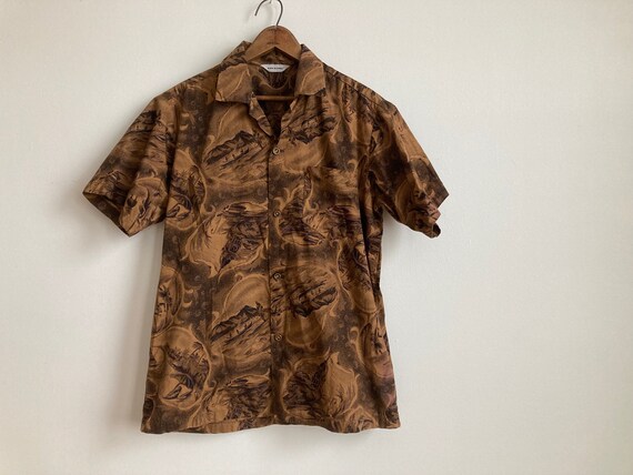 M L 60s Cotton Hawaiian Print Button Down Shirt With Metallic 