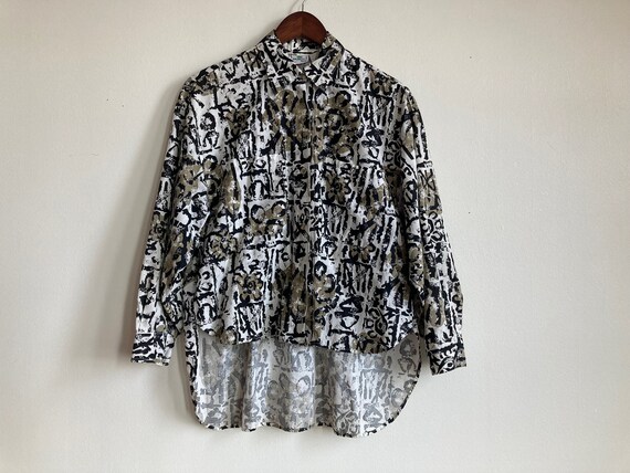 S M 80s Cotton Abstract Pattern Button-Down Shirt… - image 1