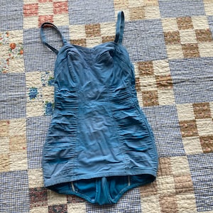 XS S 40s Robin&#39;s Egg Blue Catalina Swimsuit Shirred Waistline Adjustable Straps Bathing Suit Swimwear One Piece 1940s 50s 1950s