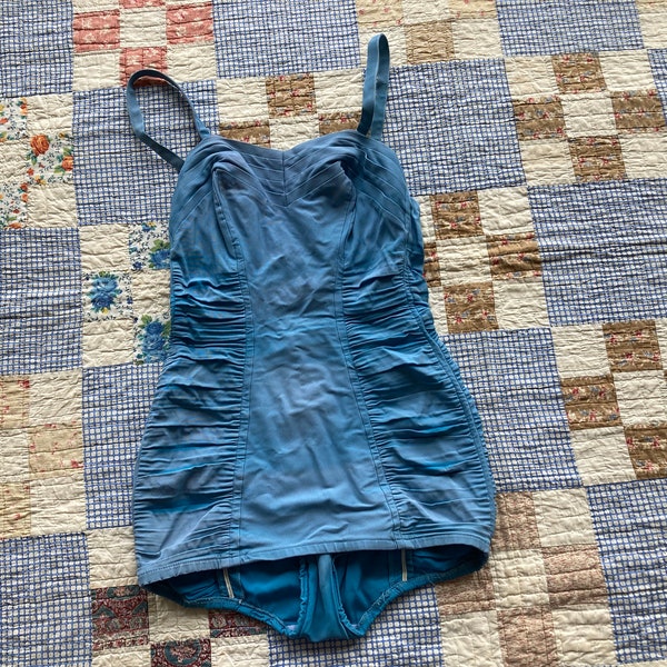 XS S 40s Robin's Egg Blue Catalina Swimsuit Shirred Waistline Adjustable Straps Bathing Suit Swimwear One Piece 1940s 50s 1950s