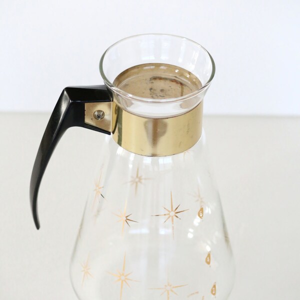 Mitte des Jahrhunderts Klarglas Corning Kaffee Kanne Karaffe mit goldenen Sternen, Starbursts, atomaren Stil, Eames Ära, hitzebeständigen Glas
