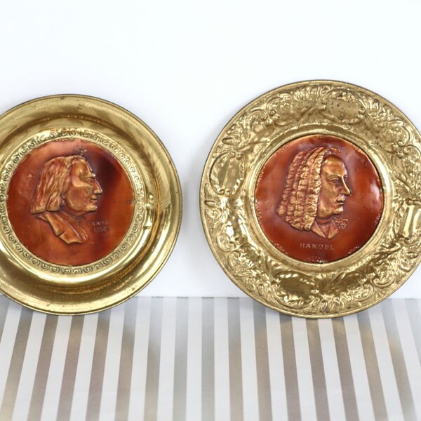 Vintage Brass and Copper Franz Liszt and Handel Silhouette Plates, Made in England, Solid Brass