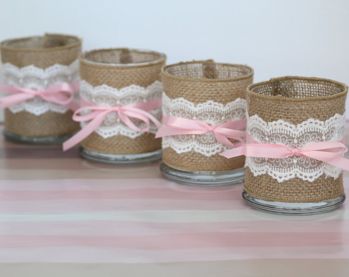 Burlap and Lace With Pink Ribbon Candle Holder Set of Four Etsy