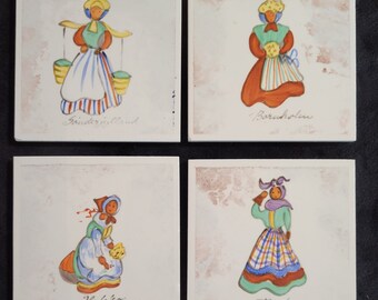 1960's Denmark Four Hand Painted Regional Costume Women Coasters/Tiles