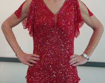 80's Fabulous Papell Boutique Evening Sequined Top Bright Red!
