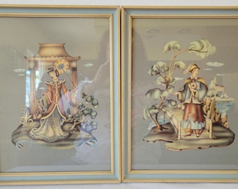 1940's Lithograph Portraits Southern Belle and Man in Asian Apparel Donald Art Co