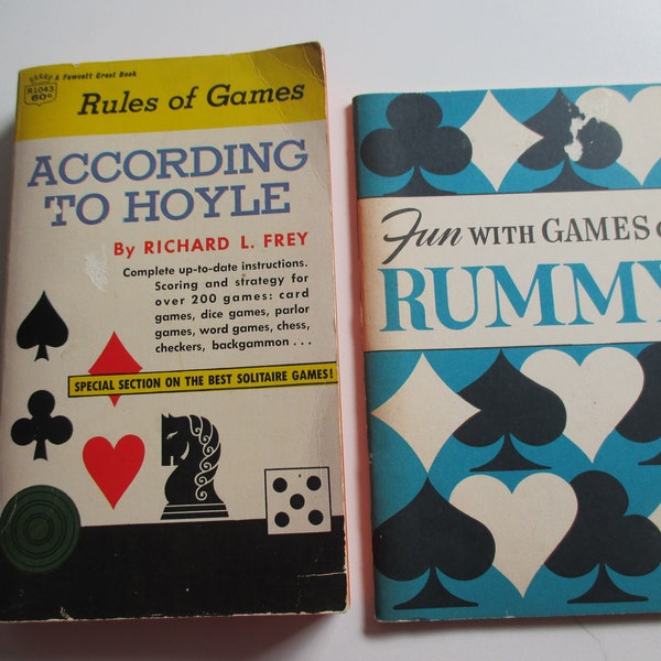 pair Vintage game rules books, Fun with Games of Rummy, According to Hoyle game rules, Rummy games, 1950s card games book, game room prop