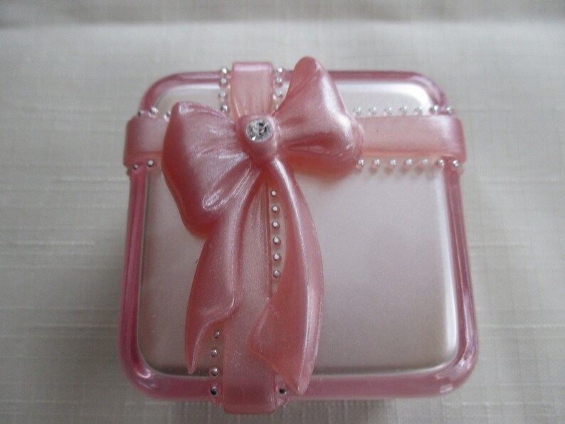 Vintage Pretty Pink ribbon and rhinestone acrylic jewelry trinket ring earring box by J pink jewelry box C ribbon and rhinestone box M.