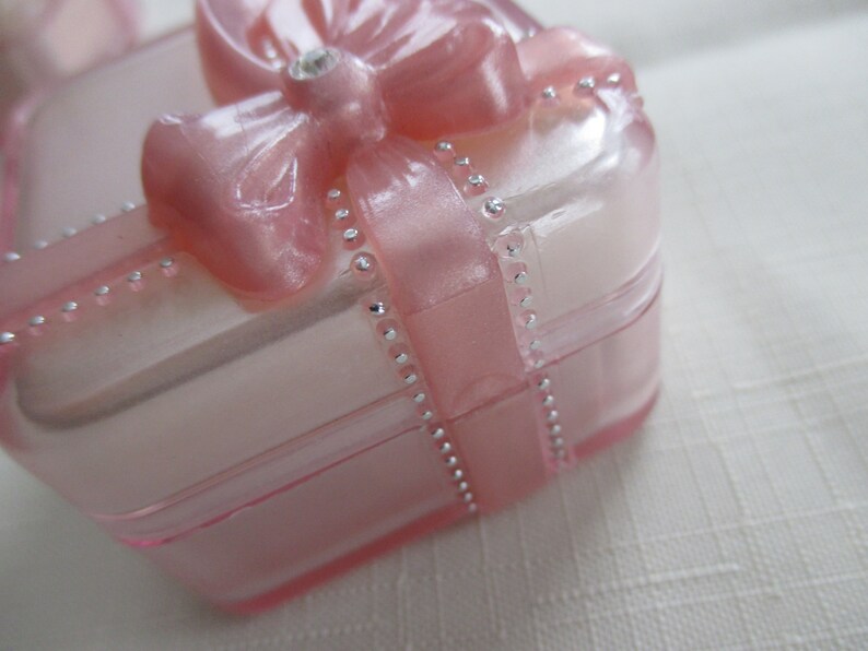 Vintage Pretty Pink ribbon and rhinestone acrylic jewelry trinket ring earring box by J pink jewelry box C ribbon and rhinestone box M.
