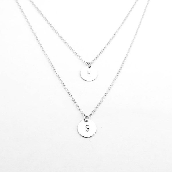 Two Silver Initials Layered Necklace, Personalized Gift Necklace, Dainty Necklace, Initials Necklace, Bridesmaid Necklace,