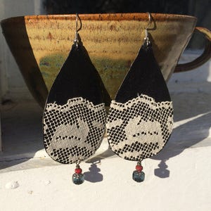 Bohemian Earrings Handmade Earrings for Women Boho Long Leaf Earrings Dangle Black Leather Earrings Upcycled Teardrop for Sensitive Ears