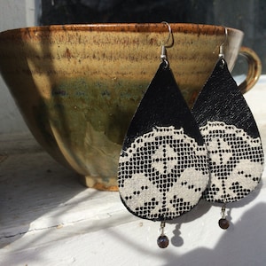 Bohemian Earrings Handmade Earrings for Women Boho Earrings Dangle Black Leather Earrings Long Lace Teardrop Artisan Earrings Nickel Free