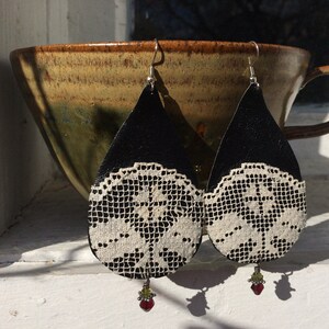 Bohemian Earrings Handmade Earrings for Women Boho Earrings Dangle Black Leather Earrings Long Upcycled Teardrop Earrings Nickel Free