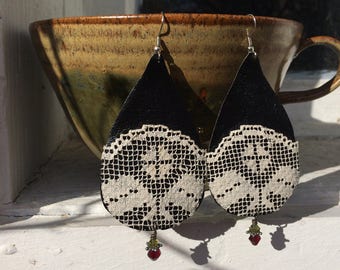 Bohemian Earrings Handmade Earrings for Women Boho Earrings Dangle Black Leather Earrings Long Upcycled Teardrop Earrings Nickel Free