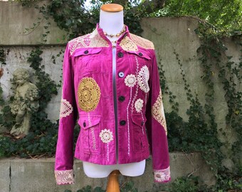 Bohemian Jacket for Women - Recycled Clothing - Upcycled Jacket - Fuchsia Velvet Jacket - Small
