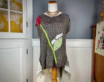 Bohemian Tunic, Upcycled Clothing for Women, Lagenlook Top, Boho Hippie Style, Artsy Shirt, Recycled Refashioned Clothing, Size Medium M