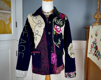 Upcycled Clothing, Boho Jacket, Bohemian Clothing, Sustainable Clothing, Purple Corduroy Jacket, Funky Artsy Bohemian Jacket, Large L