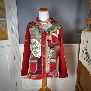 Upcycled Jacket, Hand Embroidered Blazer, Wearable Art, Art to Wear, Upcycled Clothing for Women, Artsy Boho Jacket, OOAK Unique Jacket, XL