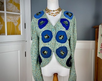 Boho Sweater, Bohemian Clothing, Upcycled Clothing for Women, Refashioned Soft Blue Cardigan, One of a Kind, Wearable Art, Size M, Medium