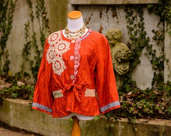 Orange Linen Jacket - Upcycled Embroidery Jacket - Upcycled Clothing for Women - Boho Clothing - XL