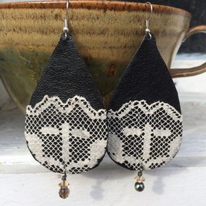 Bohemian Earrings Handmade Earrings for Women Boho Earrings Dangle Black Leather Earrings Long Lace Cross Artisan Earrings Nickel Free