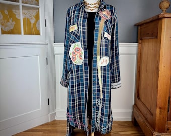 Upcycled Shirt Jacket for Women, Artsy Blue Plaid Duster, Boho Tunic, Shabby Chic Clothes, Flower Theme, Hand Embroidery, Size Small S