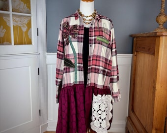 Upcycled Flannel Shirt, Boho Womens Clothing, Bohemian Tunic, Artsy Reworked Top with Embroidery, Light Duster Jacket, Country Chic, Size XL