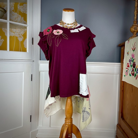 Plus Size Clothing, Lagenlook Tunic, Bohemian Clothing, Boho Cotton Top, Upcycled Clothes, Artsy Refashioned Recycled Clothes, Size XXL 2X
