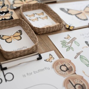 May include: Educational materials featuring butterfly illustrations, including printed cards with the text butterfly and b is for butterfly, placed in woven baskets alongside a life cycle diagram and letter cards on a wooden surface.