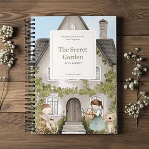 May include: A spiral-bound notebook titled The Secret Garden by F.H. Burnett, featuring a watercolor illustration of a stone house, a child in a wheelchair, a child holding a basket, and a dog, with white floral stems placed on either side.