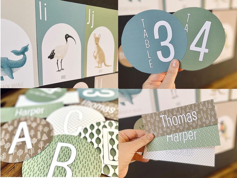 May include: A set of colorful alphabet and number flashcards with illustrations of animals and a table. The flashcards are on a white background. There are also name tags with a green and brown pattern.